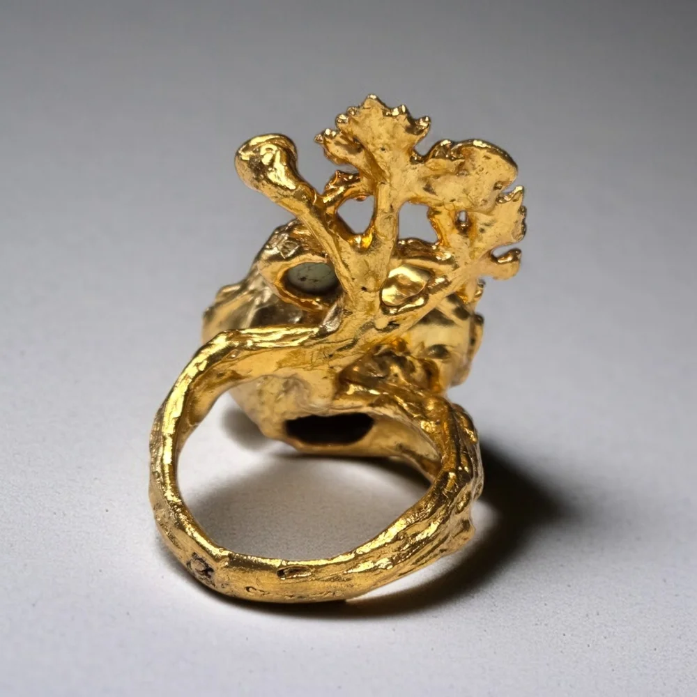 24k Gold Plated Artisan Turquoise Leaf Twig Free Form Massive Statement Ring - Picture 4 of 7